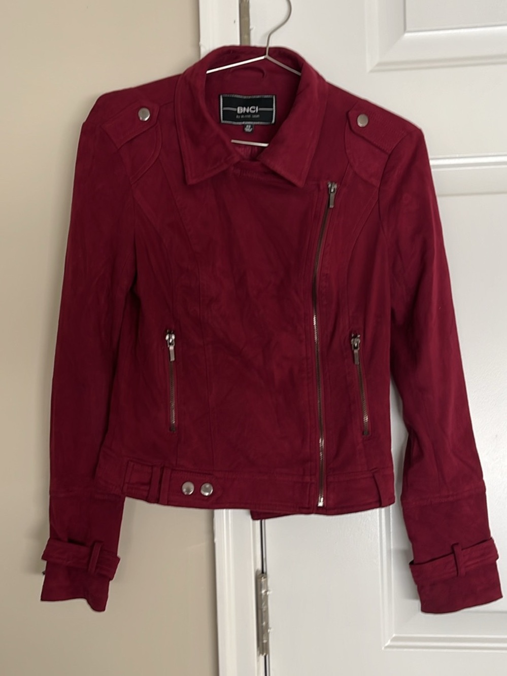 blanc noir Burgundy Asymmetric Leather Moto Jacket